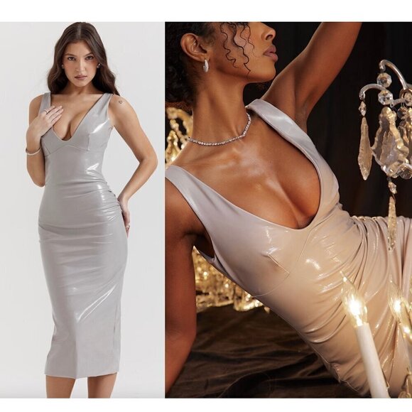 HOUSE OF CB Madeleine Ice Vinyl Midi Dress in Violet Size Large+ (X-Large) - Picture 1 of 13